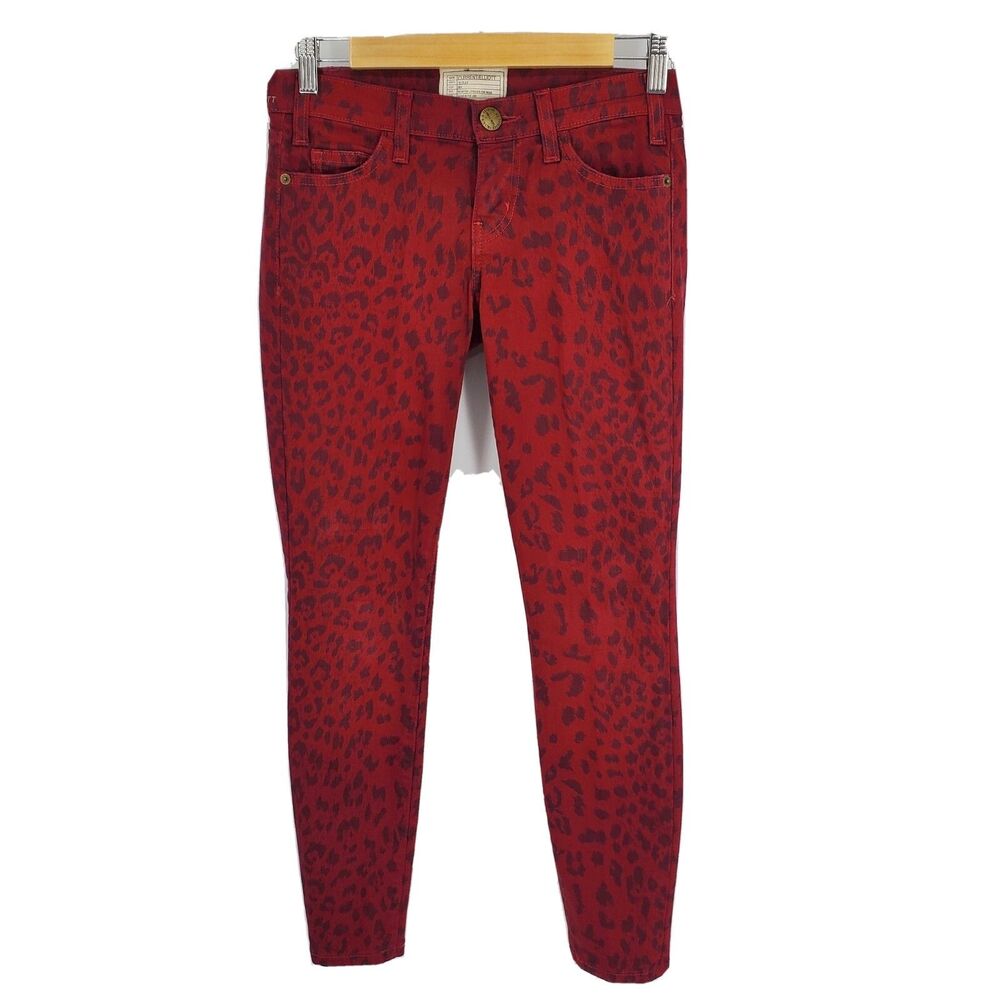 Current Elliott Womens Stiletto Skinny Jeans Blood Red Leopard Print Size 24